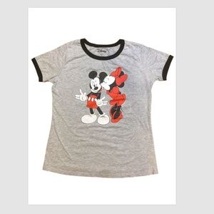 Disney Women's shirt Mickey and Minnie LARGE grey ringer top in gray black